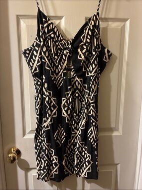 Rewind Black and Cream Geometric Knot-Front Mini Dress